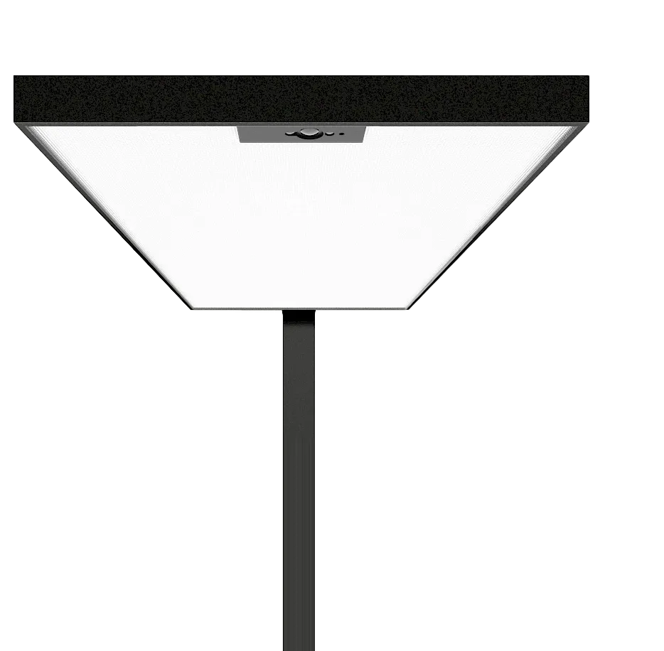 Freigestelltes Foto einer Stehleuchte mit rechteckigem, flachen Lichtkörper mit schwarzem Rand von Lighnet.