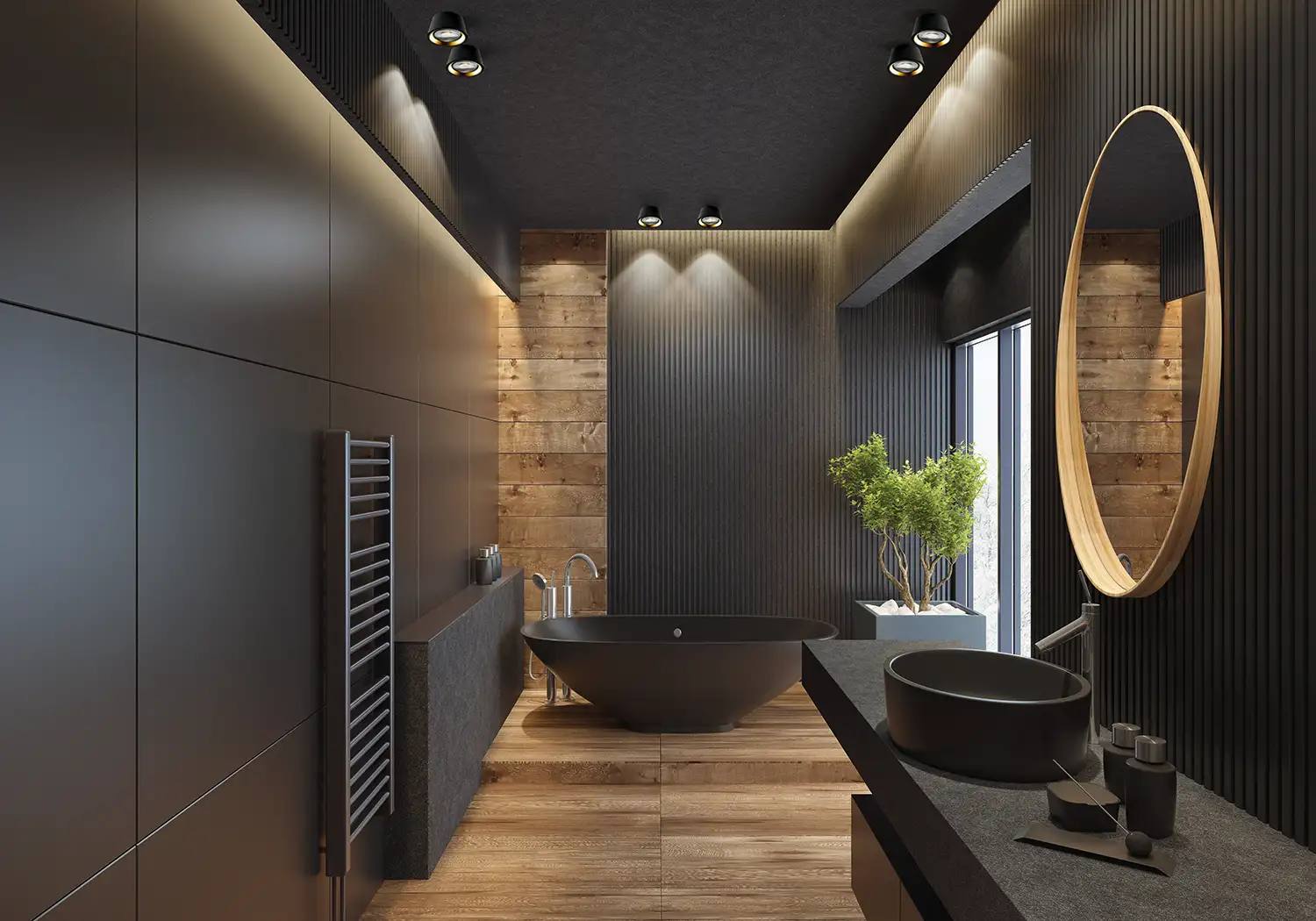 Ein Badezimmer mit schwarzen Wänden und Holzelementen, an der Decke Einbauleuchten 'Optic' von Light-Point