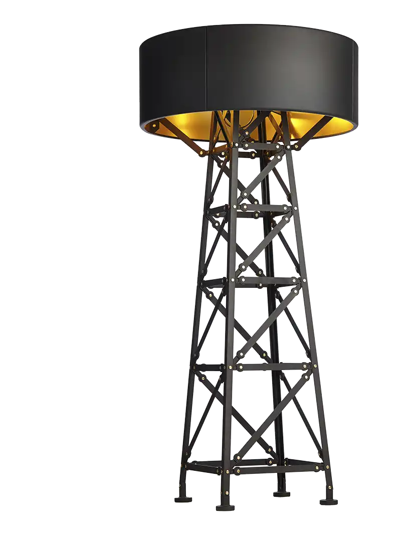 Freigestelltes Foto der Leuchte 'Construction Lamp' von Moooi, die an einen Bohrturm erinnert.